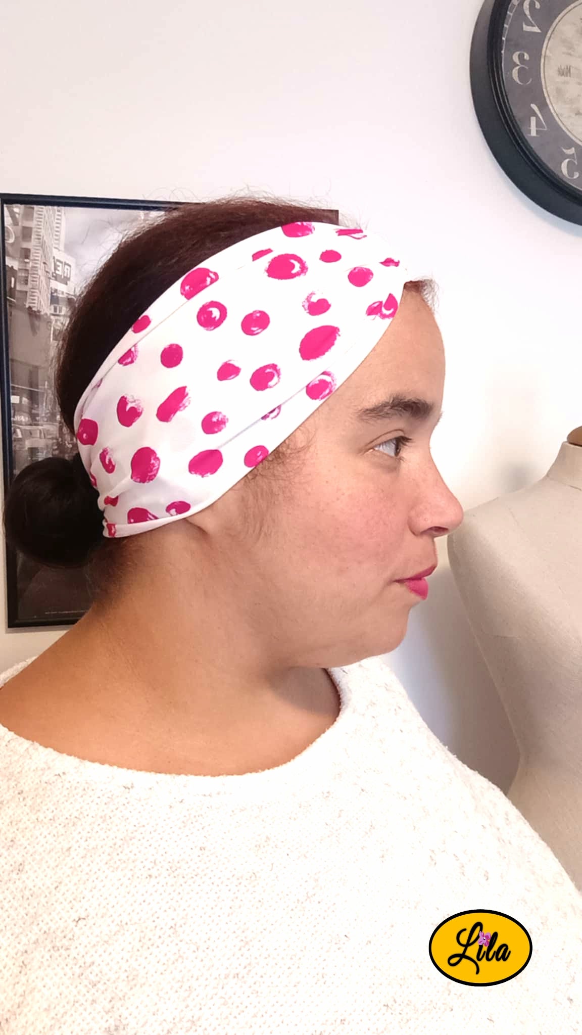 Bandeau blanc à ronds roses