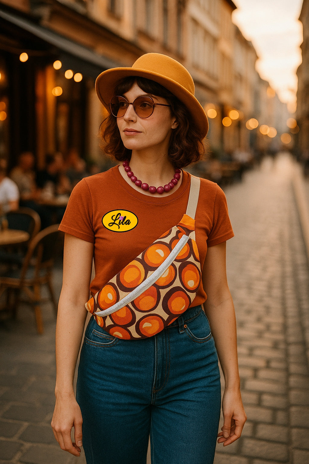 Sac banane motif rond vintage orange Lila
