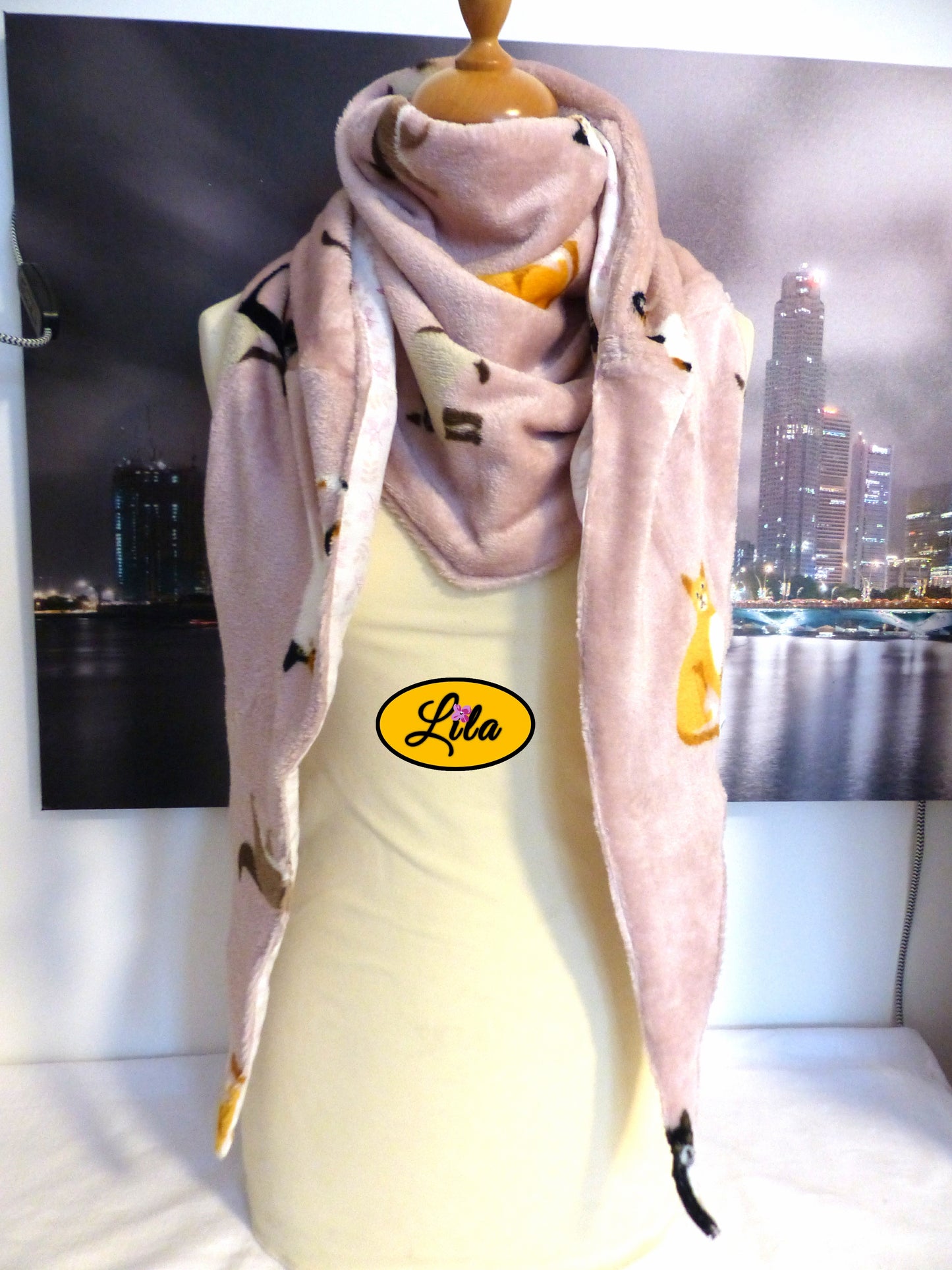 Foulard à motifs chats et coton blanc rosé