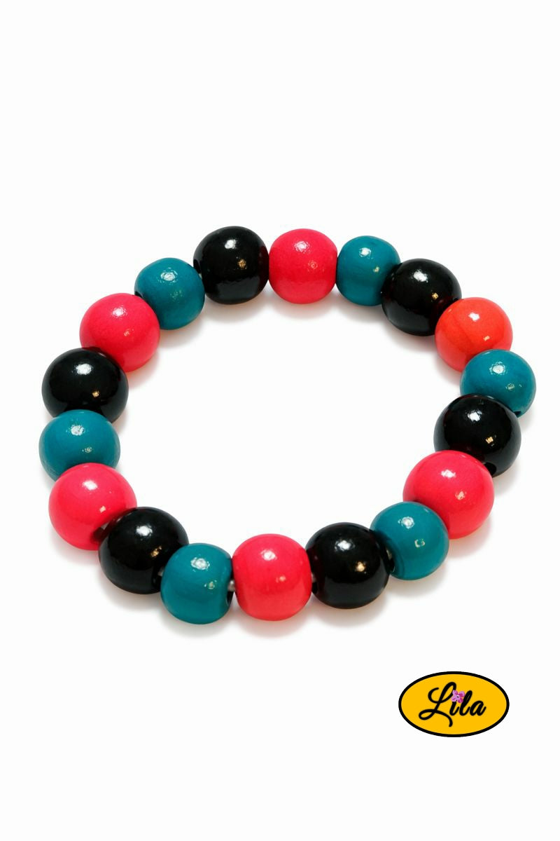 Bracelet perles bois noir rose et turquoise sur fond blanc vue produit