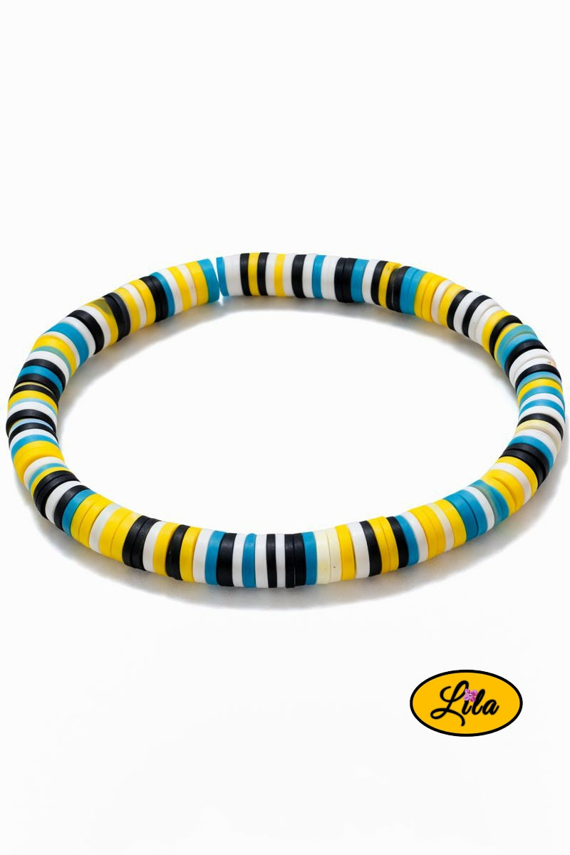 Bracelet perles Heishi noir jaune et bleu sur fond blanc vue produit