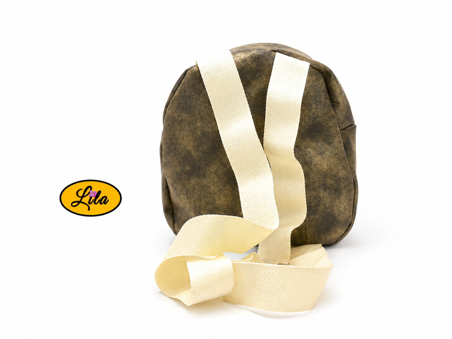 Mini sac à dos en simili brun doré avec sangle crème vue de dos sur fond blanc