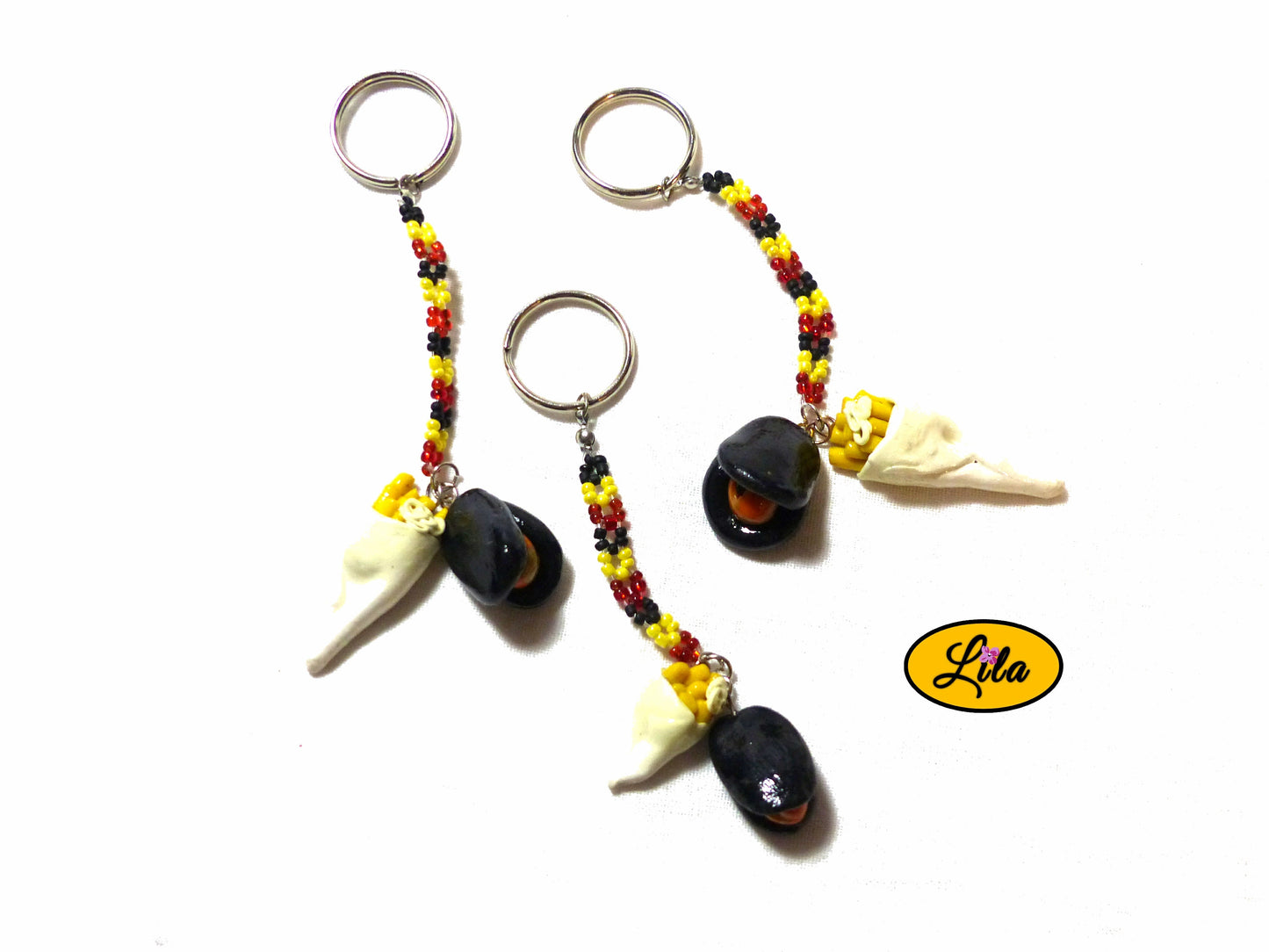 Porte-clés cornet de frites et moule style original lot de trois