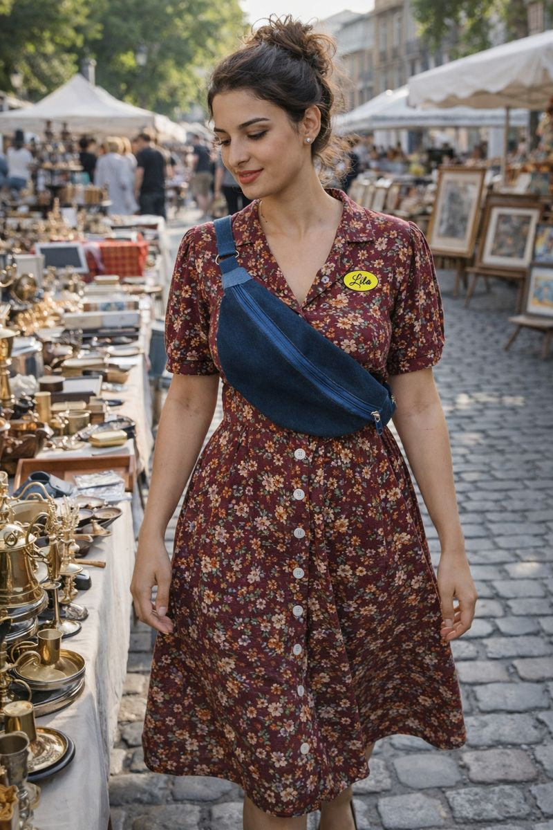 Sac banane en duo de jeans recyclés avec sangle bleue en coton porté par une jeune fille habillée en robe vintage lors d’une balade sur une brocante style bohème et upcyclé