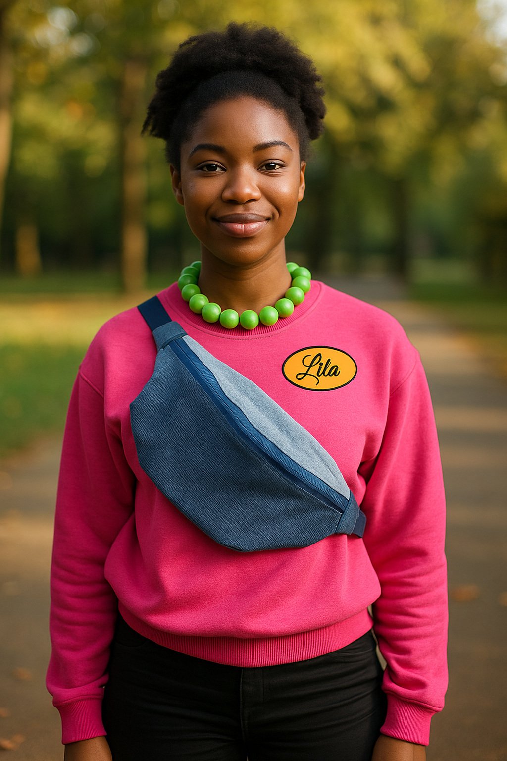 Jeune fille noire portant un sac banane en patchwork de jeans avec pull rose dans un parc style urbain et tendance