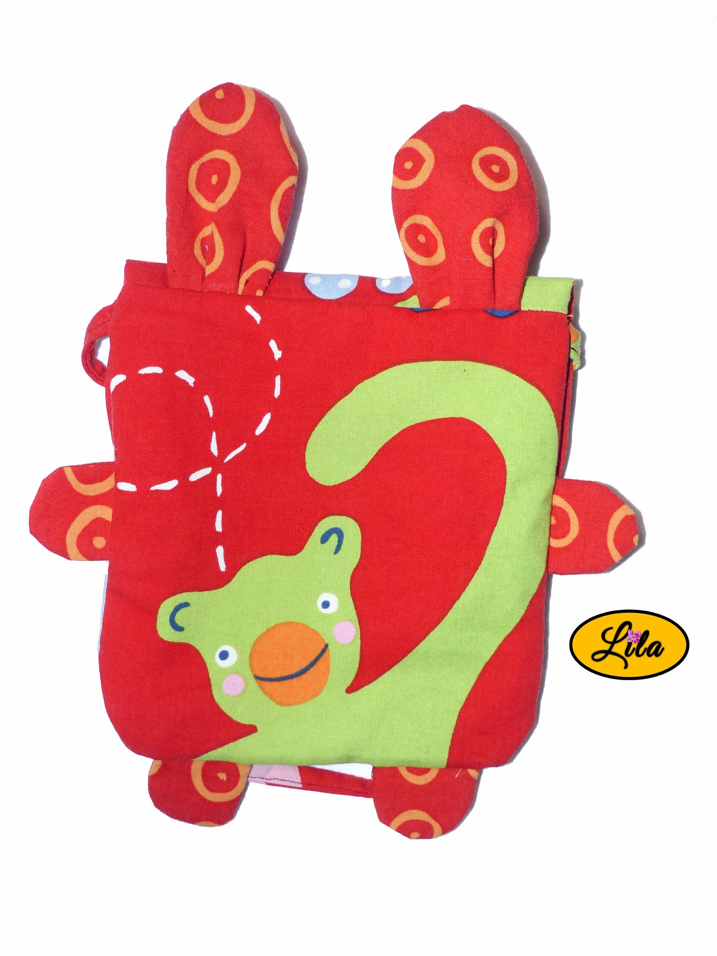 Petit sac bandoulière enfant rouge avec motif singe vert vue de dos sur fond blanc style coloré et amusant