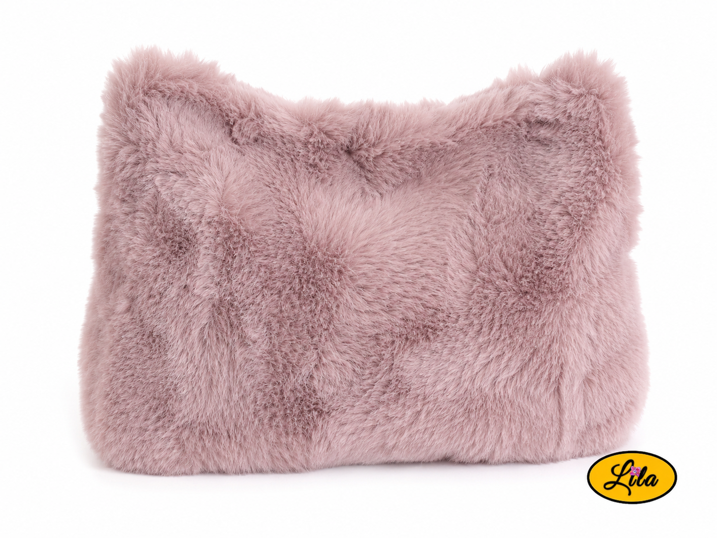 Sac à main en fausse fourrure vieux rose vue de dos sur fond blanc avec sangle dissimulée à l’arrière