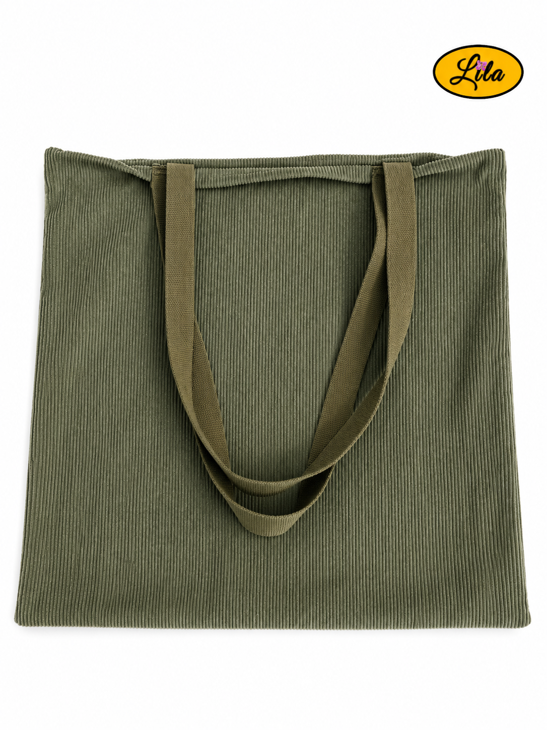 Tote bag en velours côtelé kaki vu de dos en vue de haut sur fond blanc avec les sangles kaki posées sur le sac style naturel et intemporel