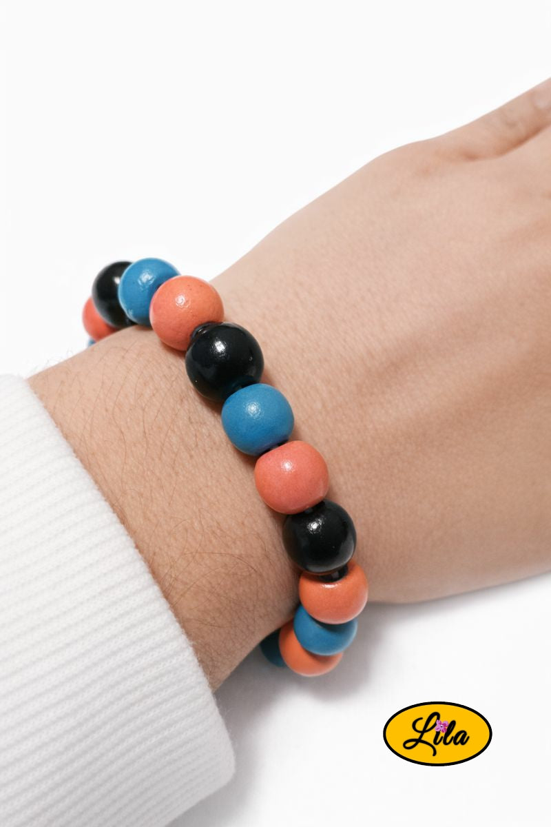 Bracelet perles en bois noir, rose et turquoise