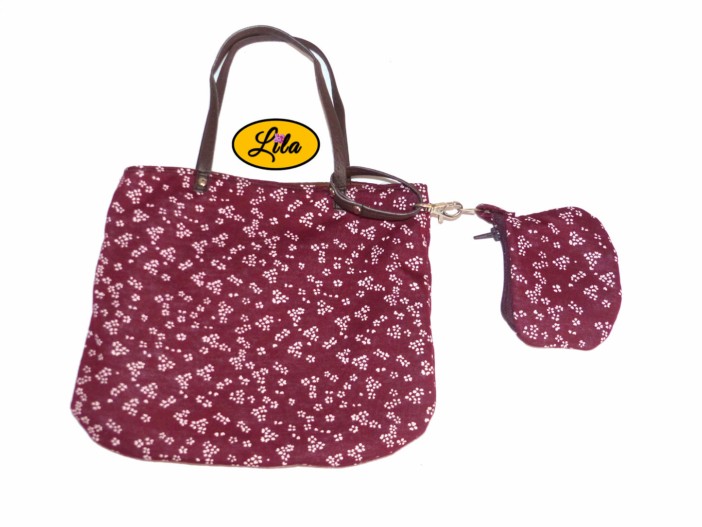 Sac enfant fleuri bordeaux avec pochette assortie