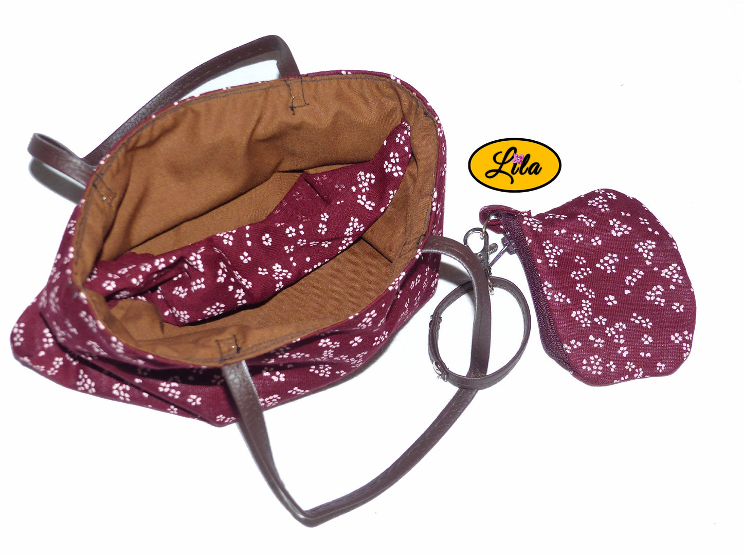 Sac enfant fleuri bordeaux avec pochette assortie