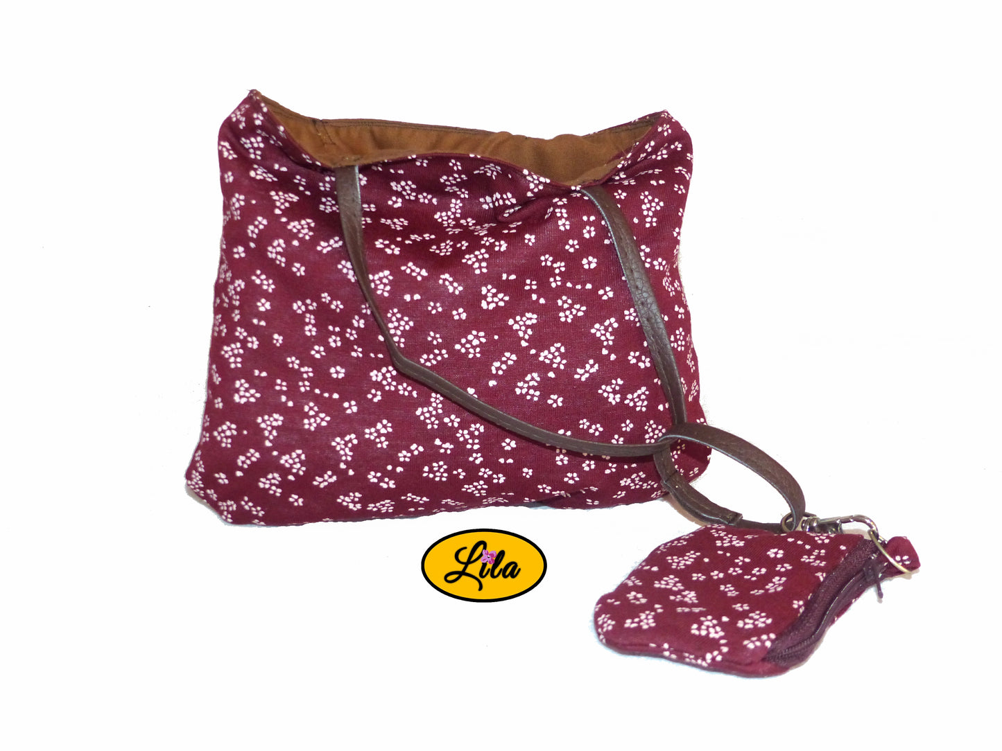Sac enfant fleuri bordeaux avec pochette assortie