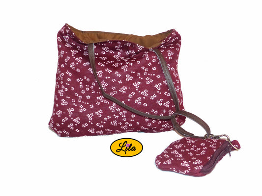 Sac enfant fleuri bordeaux avec pochette assortie