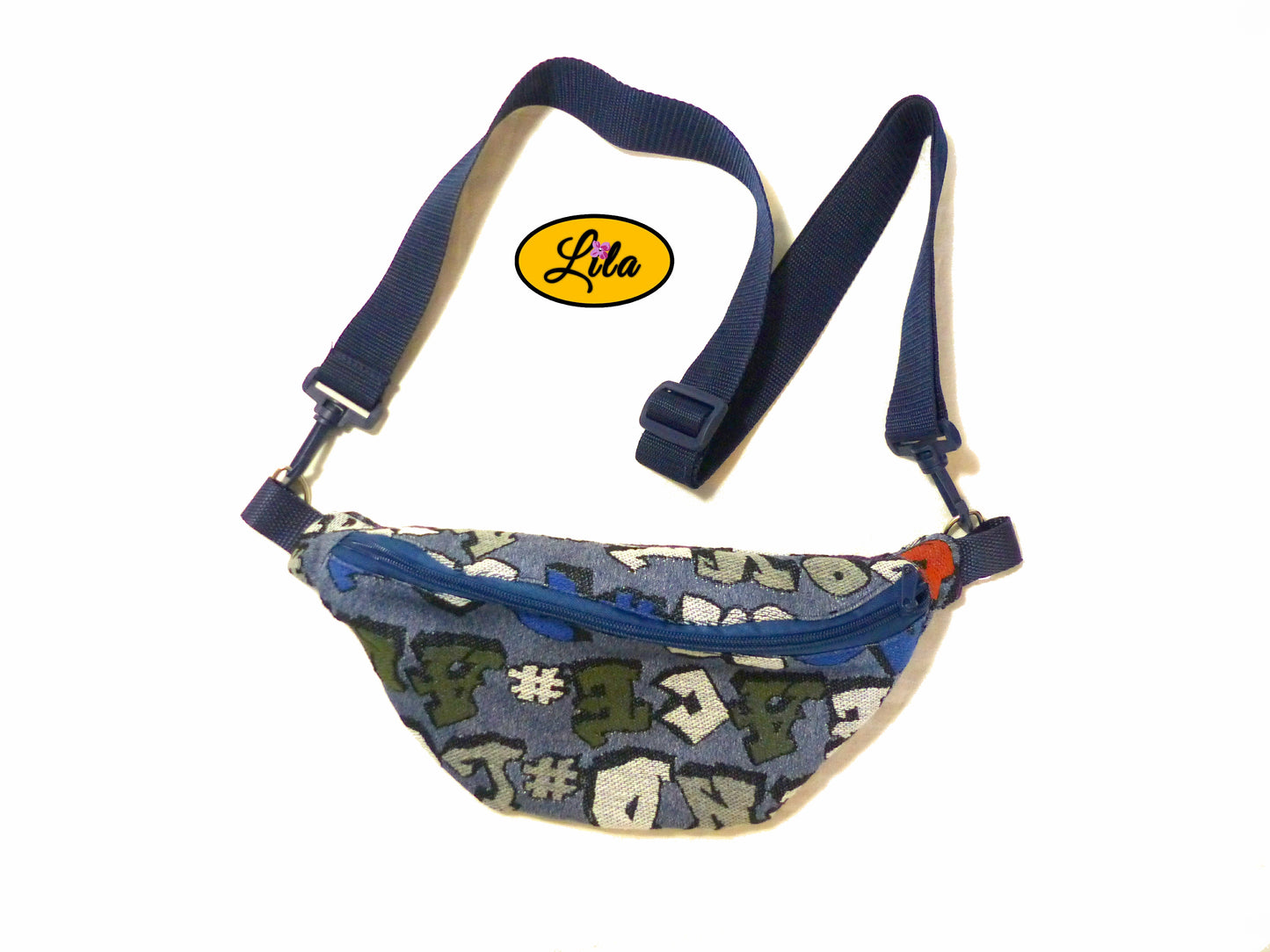 Sac banane en tissu bleu imprimé urbain