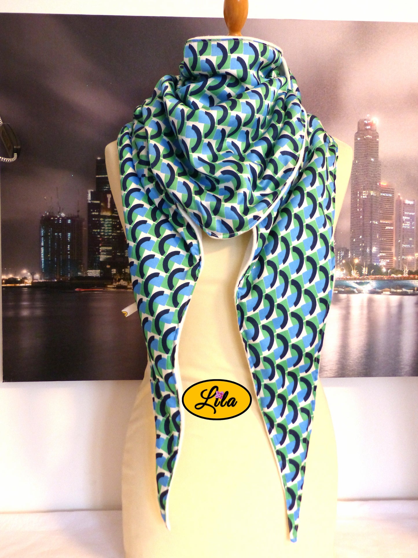 Foulard polaire esprit vintage vert bleu blanc