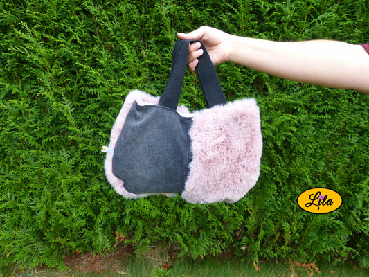 Sac jeans noir fausse fourrure vieux rose