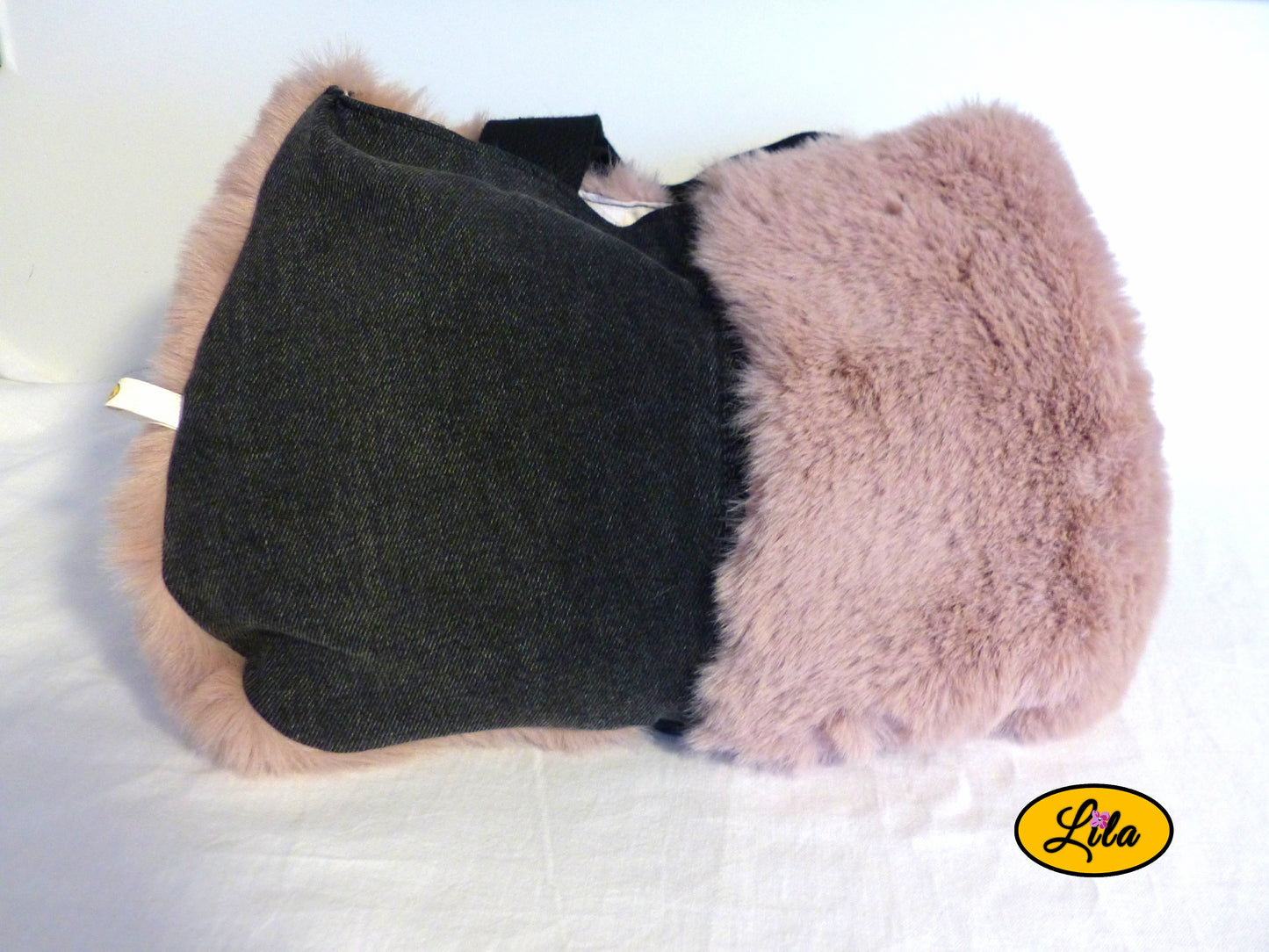 Sac jeans noir fausse fourrure vieux rose