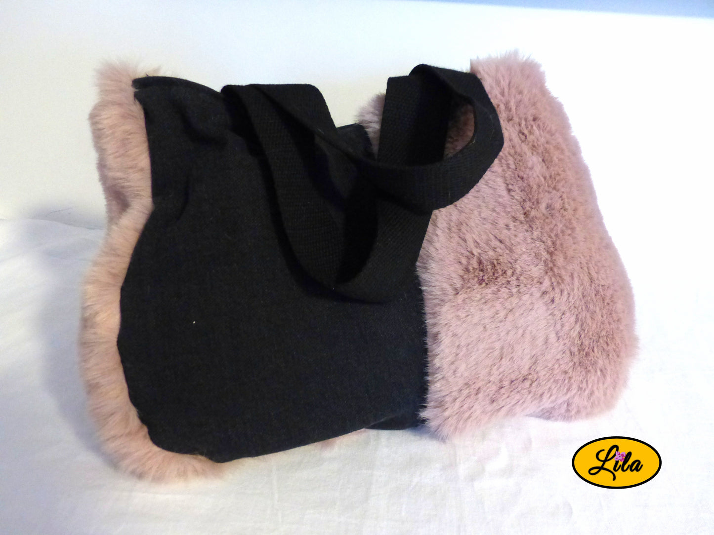 Sac jeans noir fausse fourrure vieux rose