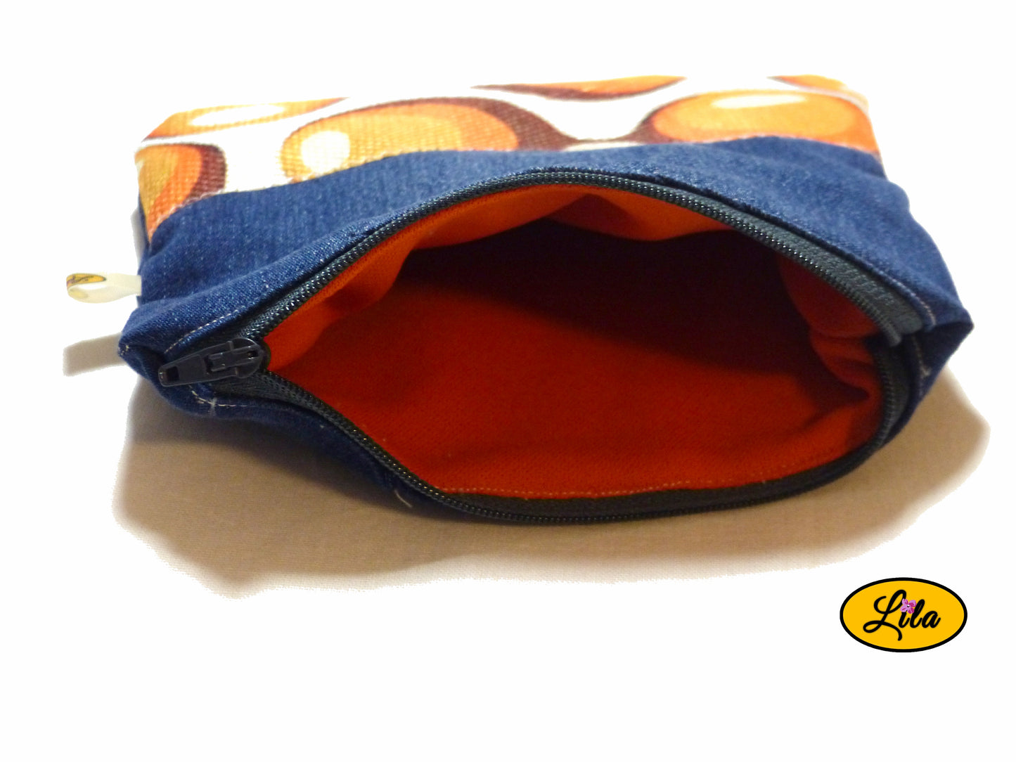 Trousse en jeans & bande vintage orange