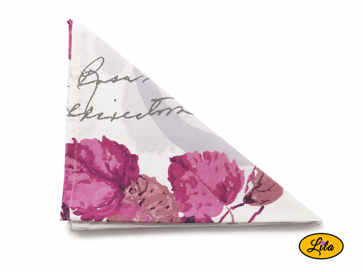 Bandana blanc à motifs floraux roses plié en triangle vu de dos sur fond clair style accessoire artisanal et féminin