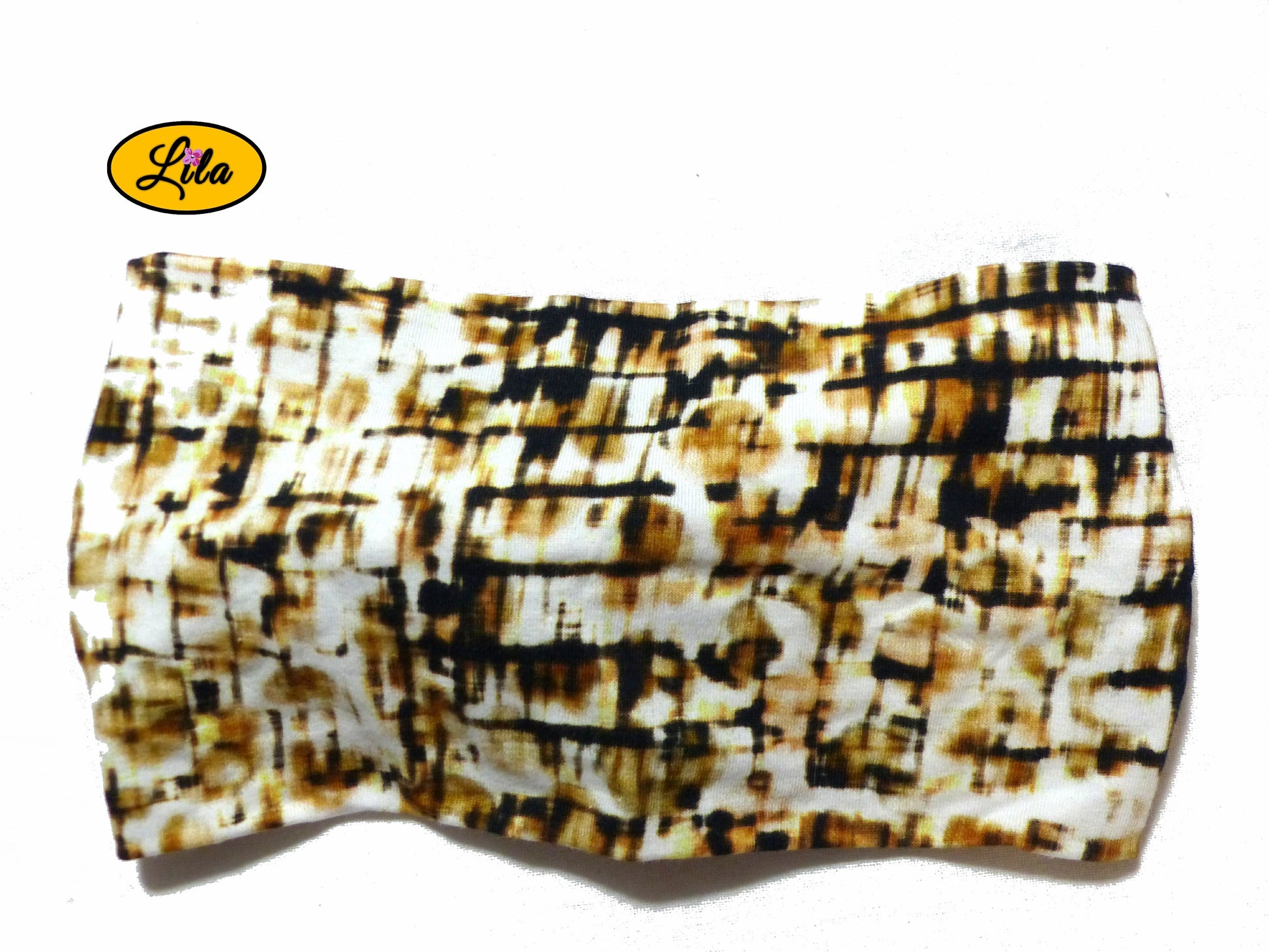 Bandeau en tissu blanc et marron vu de dos sur fond blanc style naturel et tendance