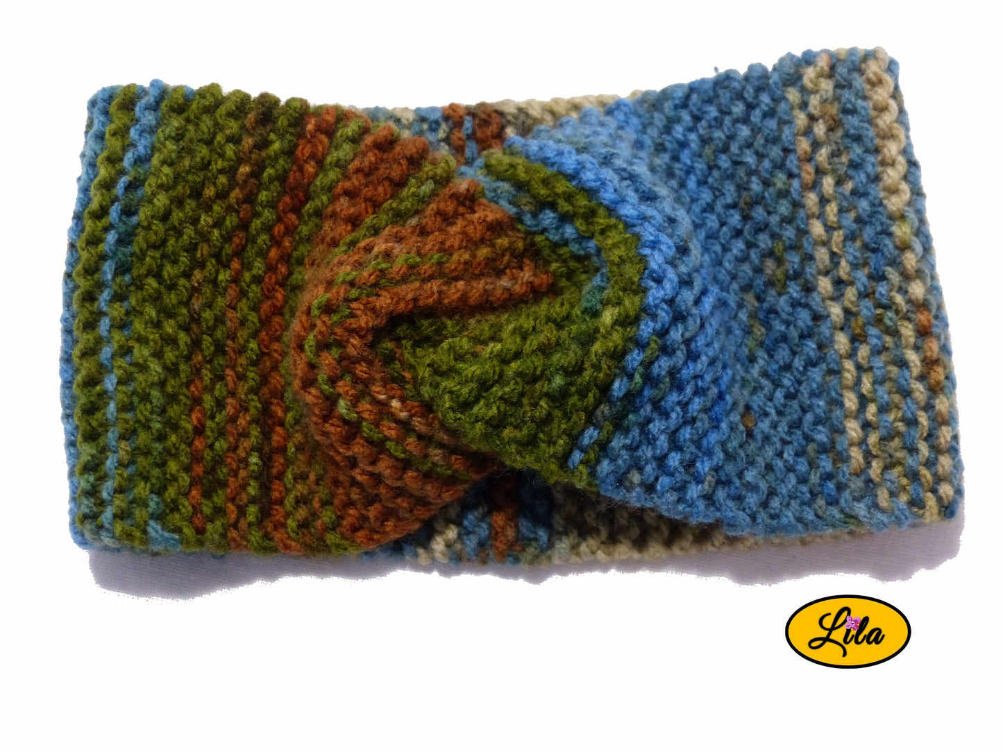 Bandeau en laine automne brun et vert vue de face sur fond blanc style hiver naturel et chaleureux