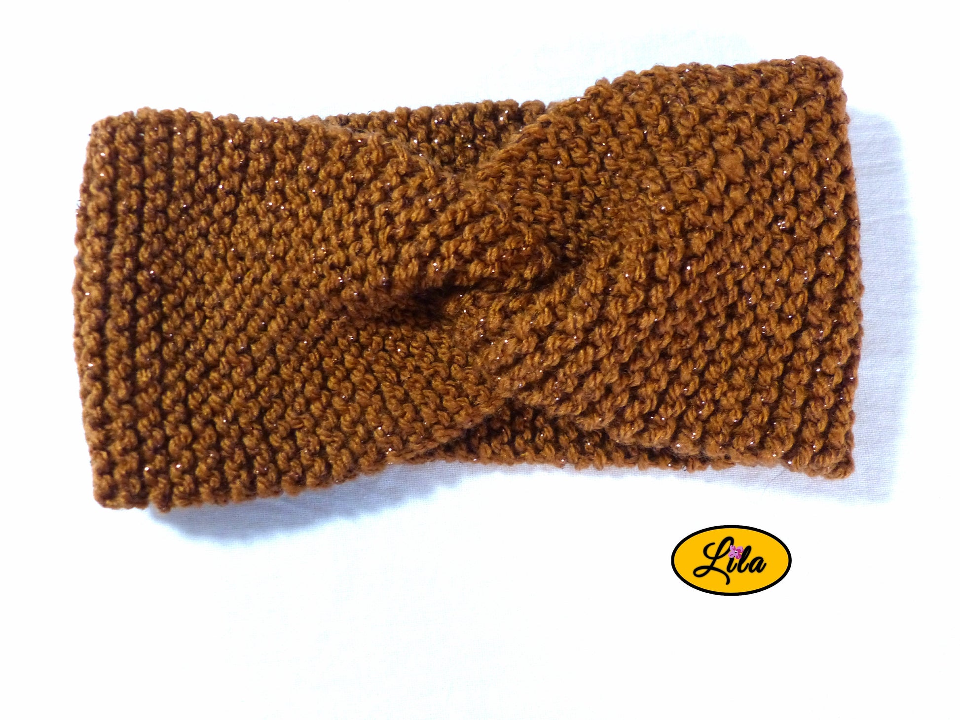 Bandeau en laine brun pailleté vue de face style hiver élégant et chaleureux
