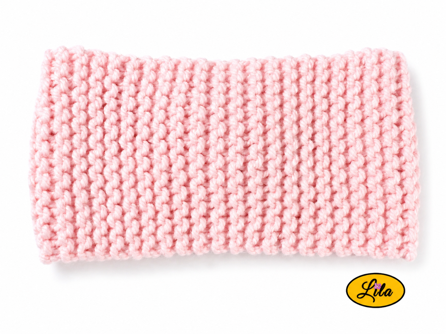 Bandeau en laine large rose pastel vue de dos sur fond blanc
