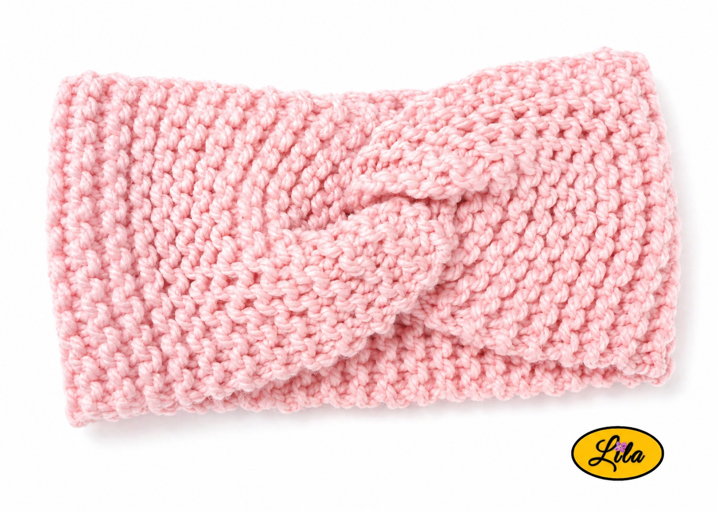 Bandeau en laine large rose pastel vue de face sur fond blanc style hiver doux et féminin