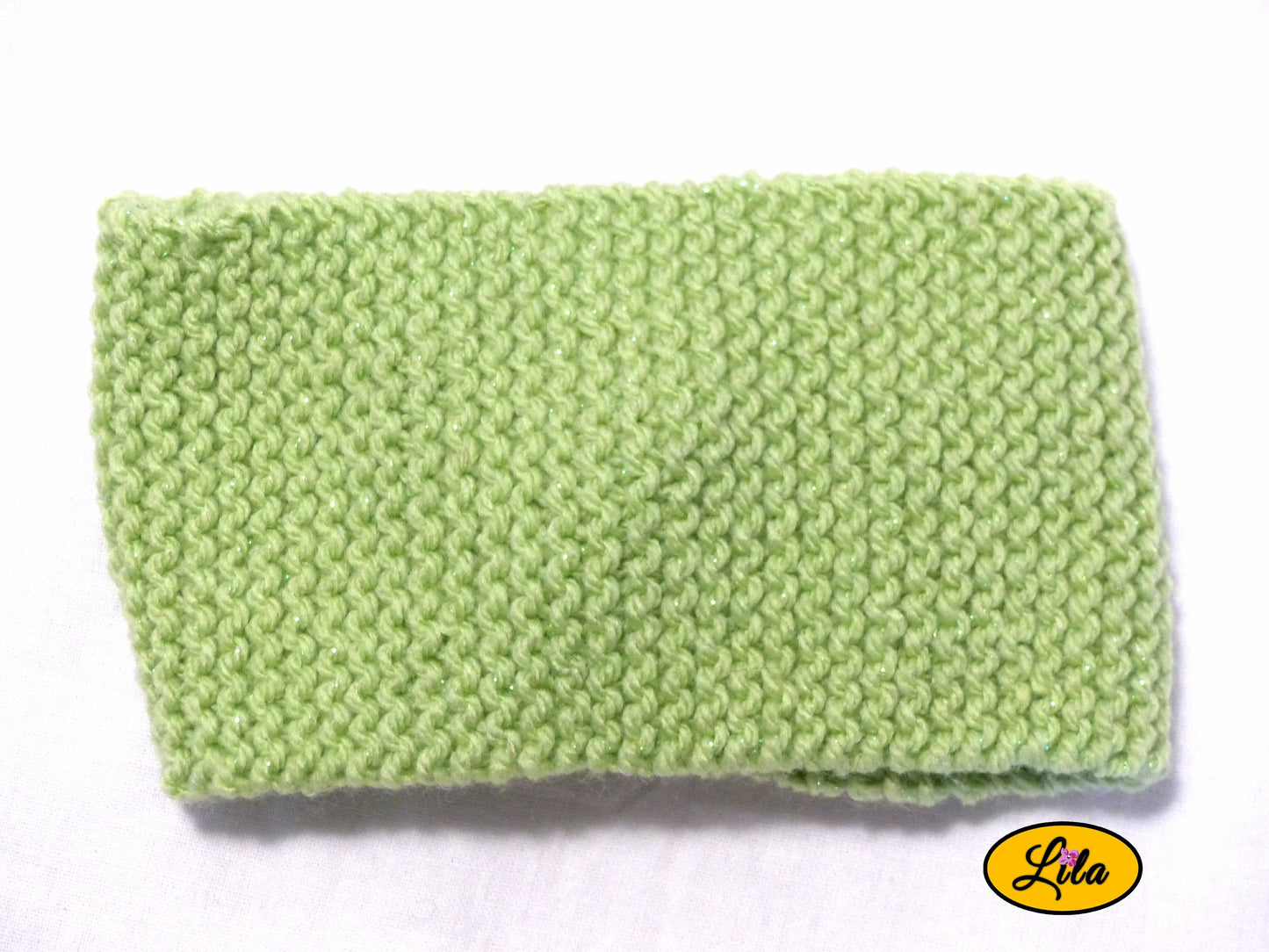 Bandeau en laine vert clair pailleté vue de dos