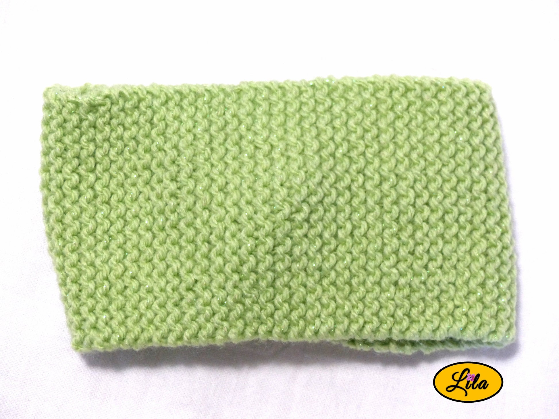 Bandeau en laine vert clair pailleté vue de dos