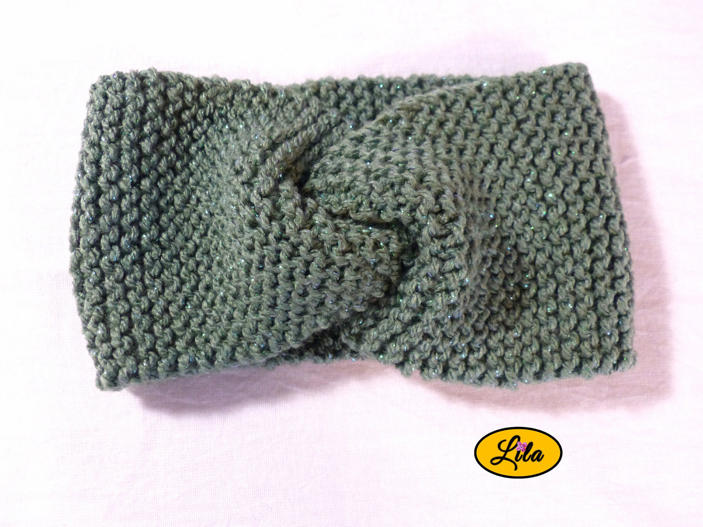 Bandeau en laine vert foncé pailleté vue de face style hiver élégant
