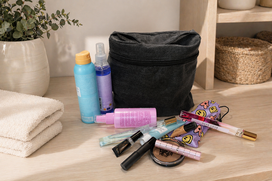 Beauty case en jean noir posé dans une salle de bain avec produits de beauté autour