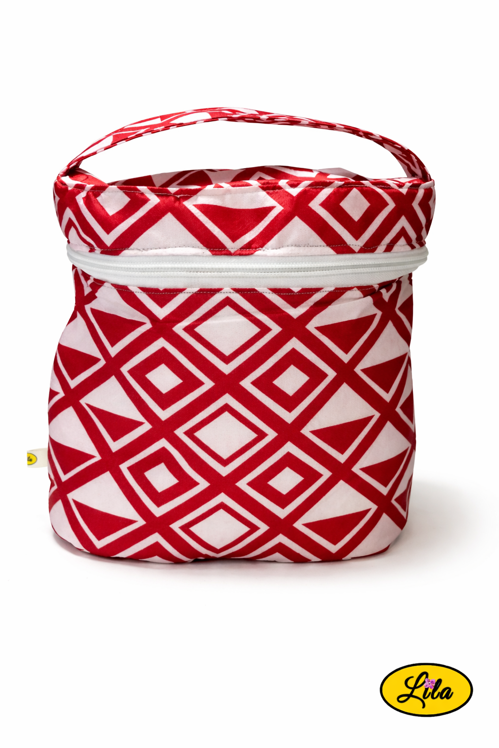 Beauty case rouge et blanc motif géométrique vue de face