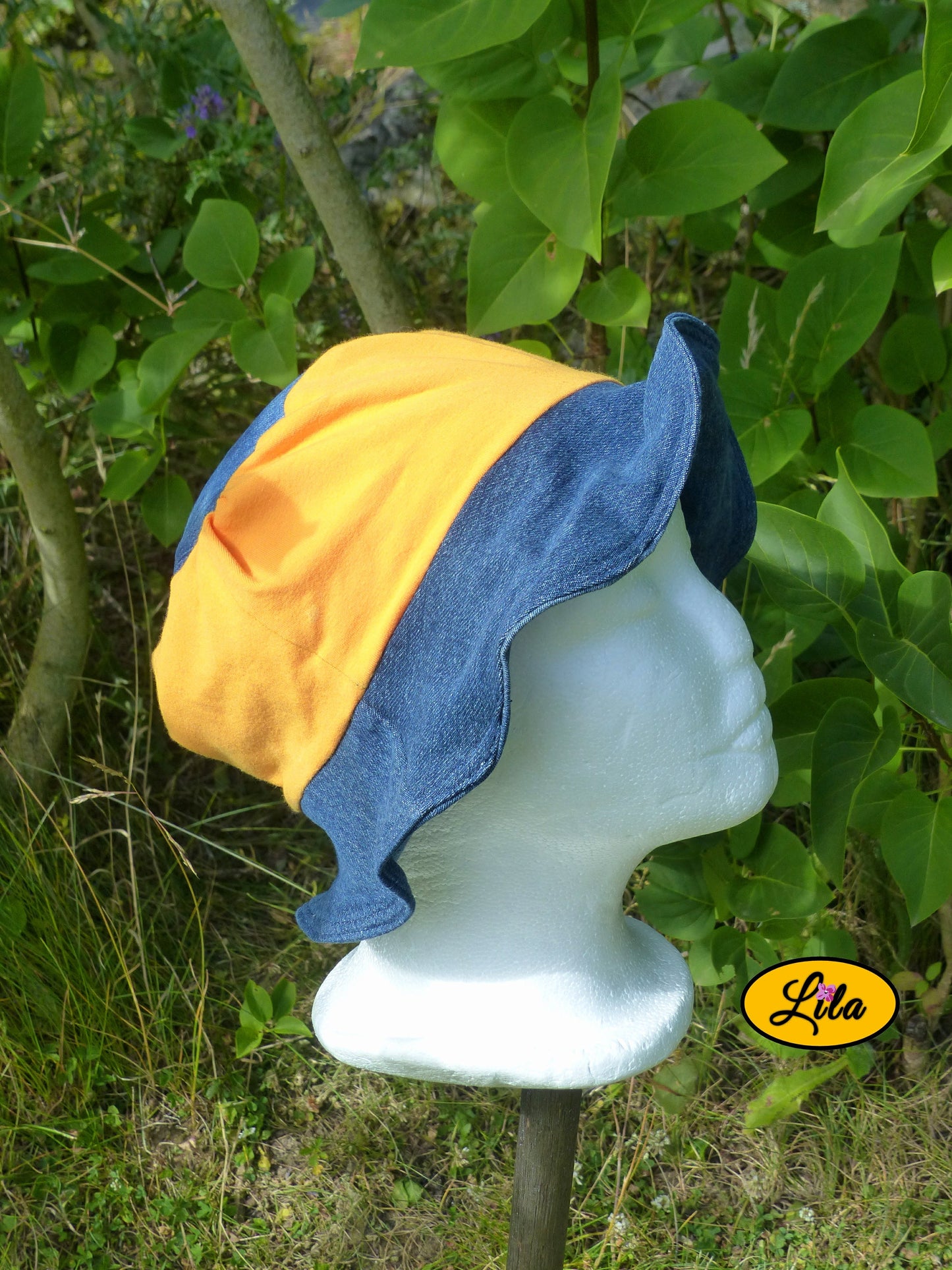 Bob denim orange sur mannequin profil droit