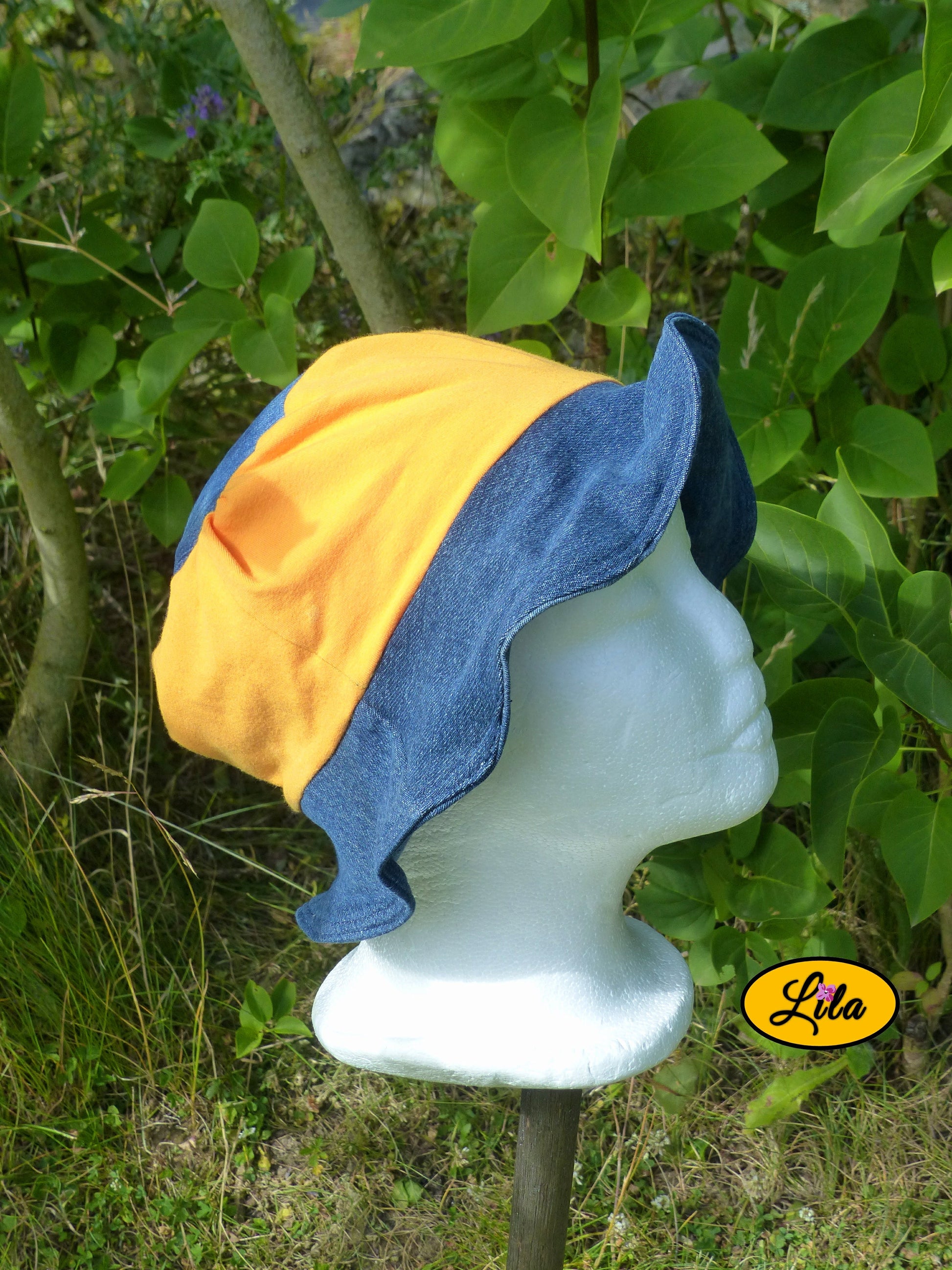 Bob denim orange sur mannequin profil droit