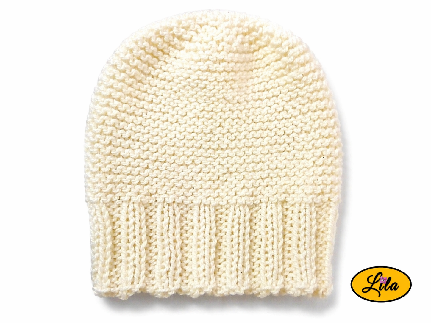 Bonnet en laine blanc point mousse sur fond blanc vue produit