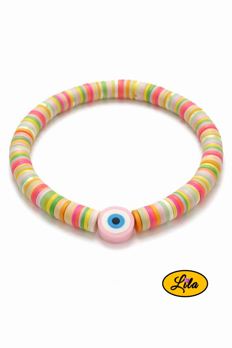 Bracelet perles Heishi fluo avec pendentif œil protecteur rose sur fond blanc vue produit