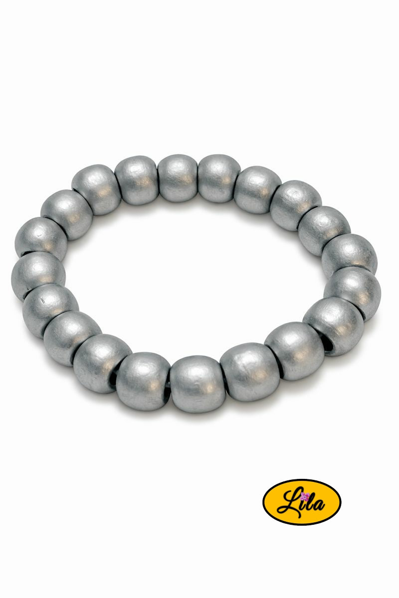 Bracelet perles bois effet argenté sur fond blanc vue produit