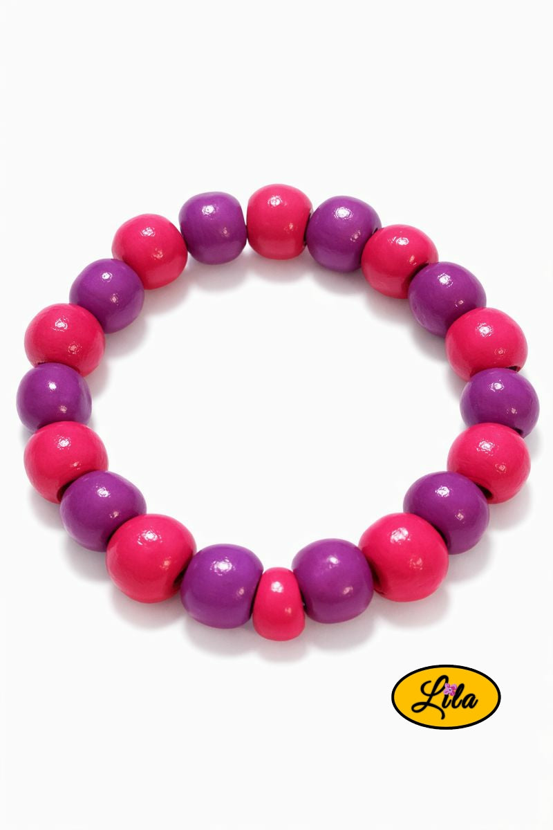 Bracelet perles bois rose et mauve sur fond blanc vue produit