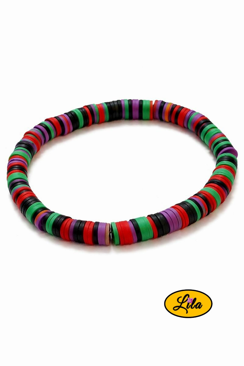 Bracelet perles Heishi noir rouge et mauve sur fond blanc vue produit