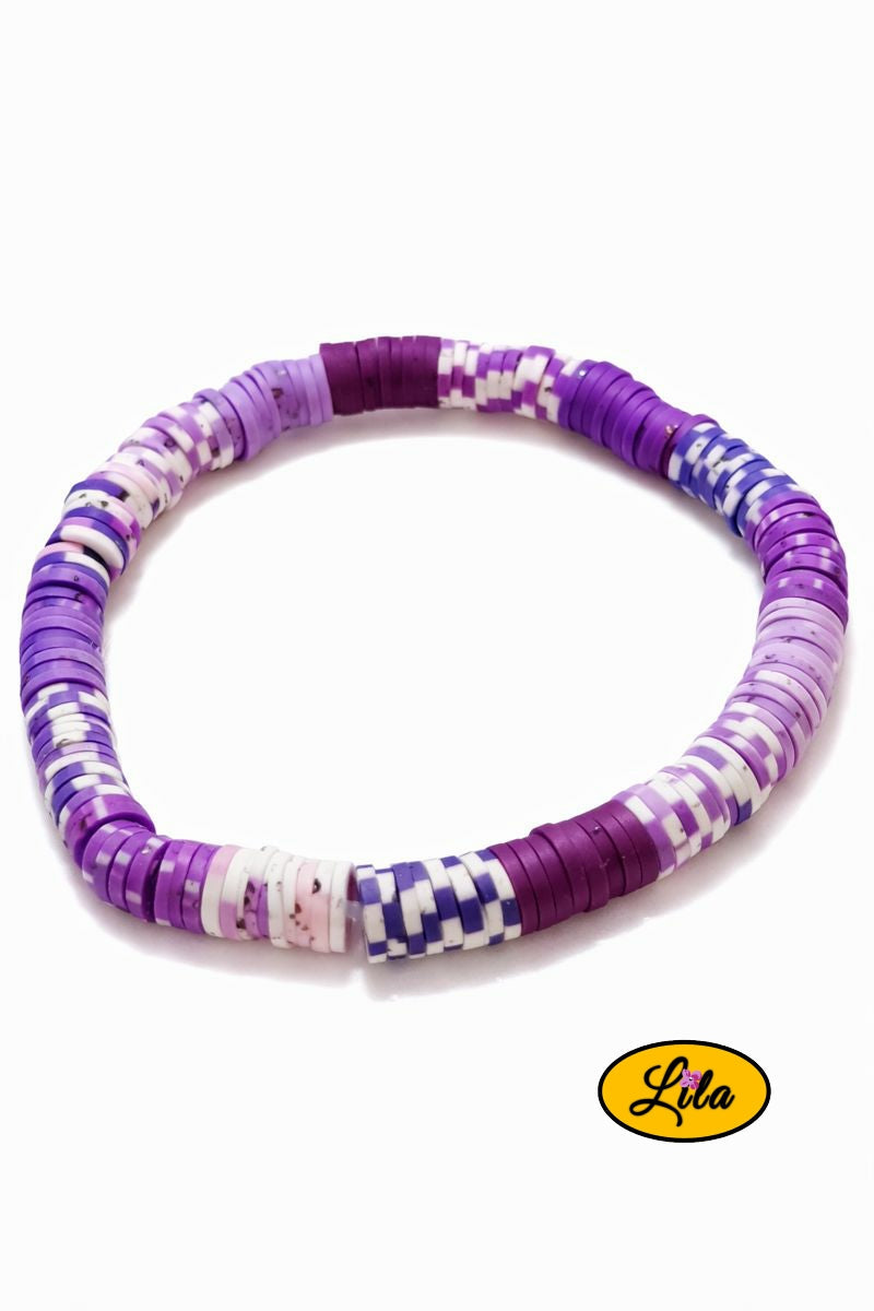 Bracelet perles Heishi dégradé de mauve sur fond blanc vue produit
