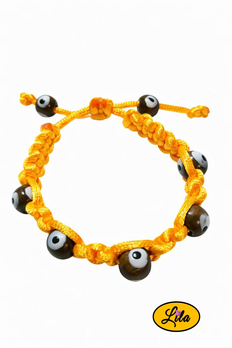 Bracelet Shamballa orange perles de bois brunes oeil Lila
