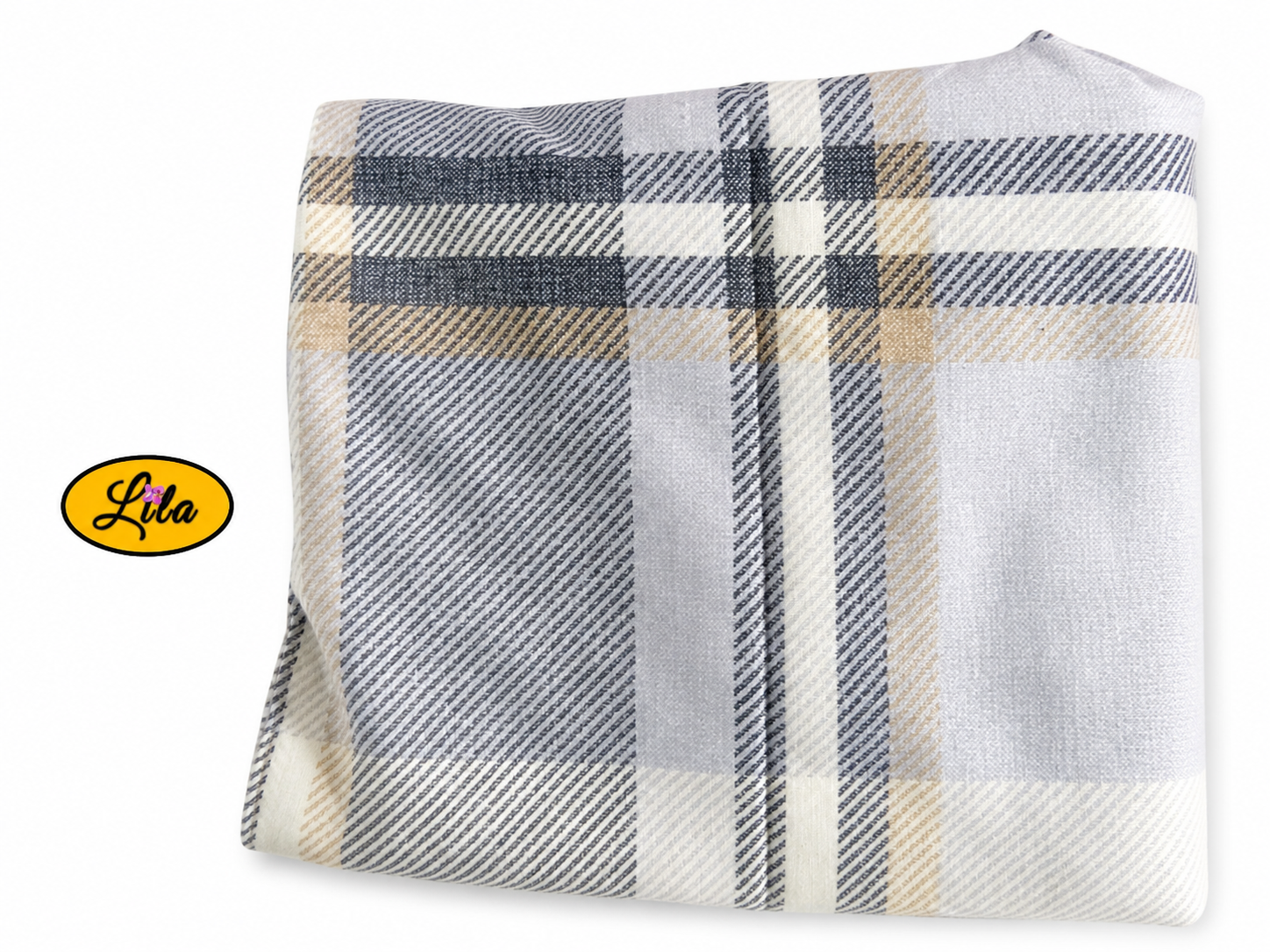 Foulard triangulaire vintage à lignes brun et gris plié sur fond blanc style chaleureux et élégant