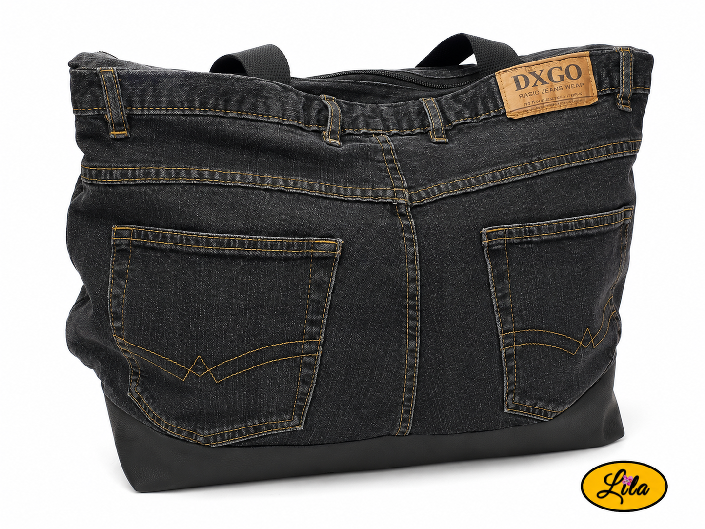 Grand sac en jeans noir recyclé et simili cuir gris foncé vu de dos sur fond blanc avec la sangle dissimulée mettant en valeur l'arrière du sac artisanal
