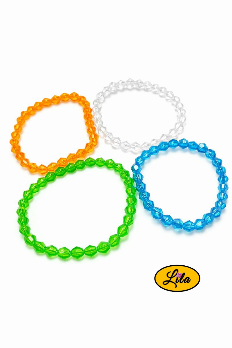 Lot de 4 bracelets perles effet diamant orange bleu vert et transparent sur fond blanc vue produit