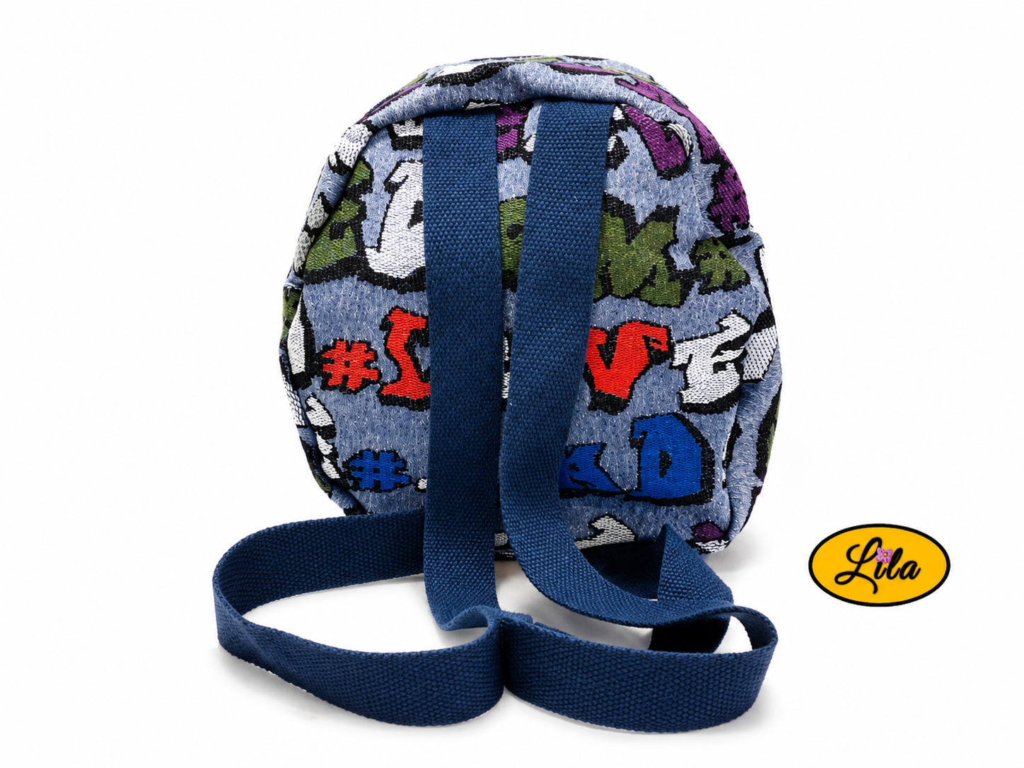 Mini sac à dos bleu avec sangle bleue vue de dos sur fond blanc