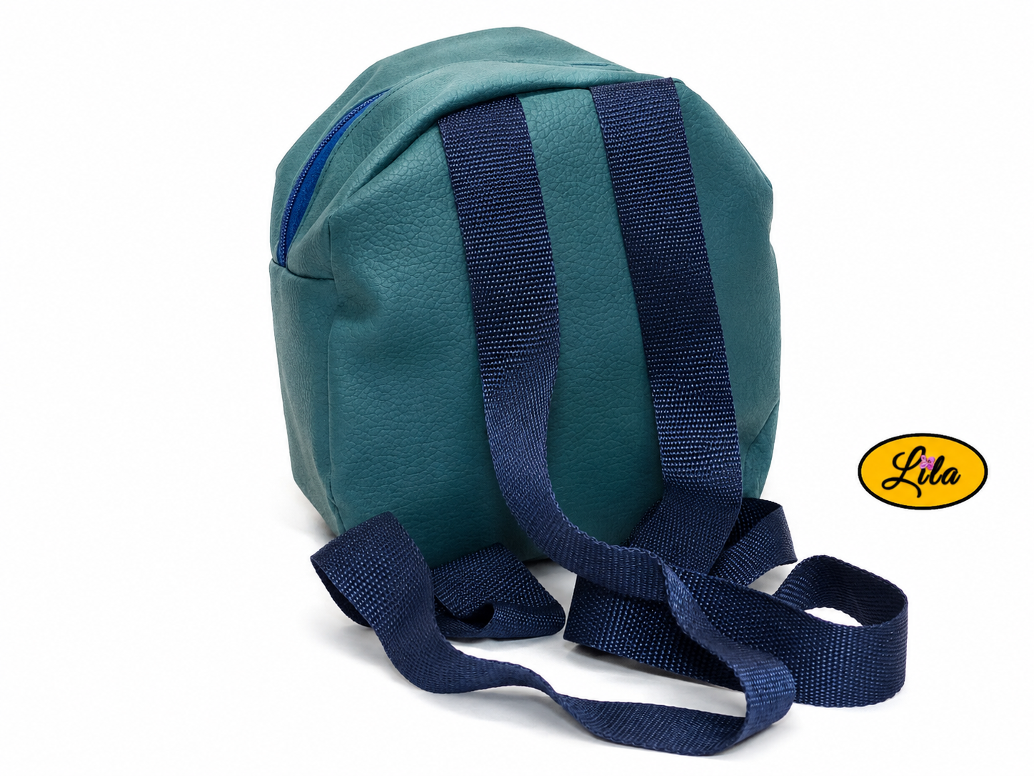 Mini sac à dos turquoise avec sangle bleue vue de dos sur fond blanc