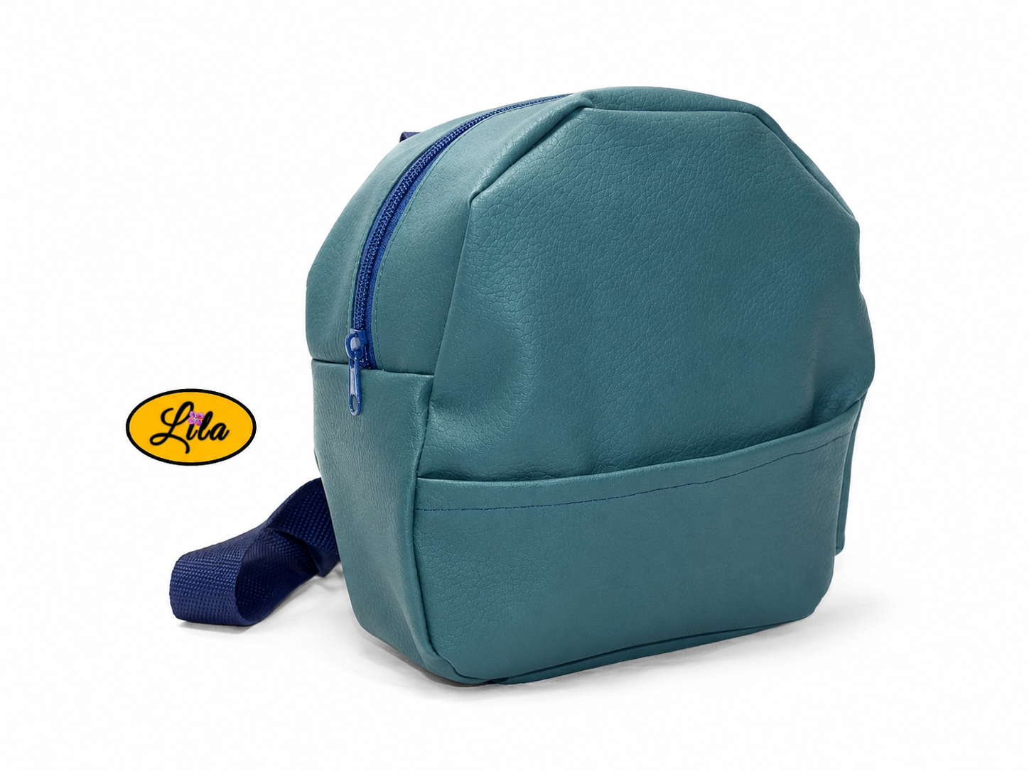 Mini sac à dos turquoise avec poche avant et sangle bleue vue de face sur fond blanc style frais et pratique