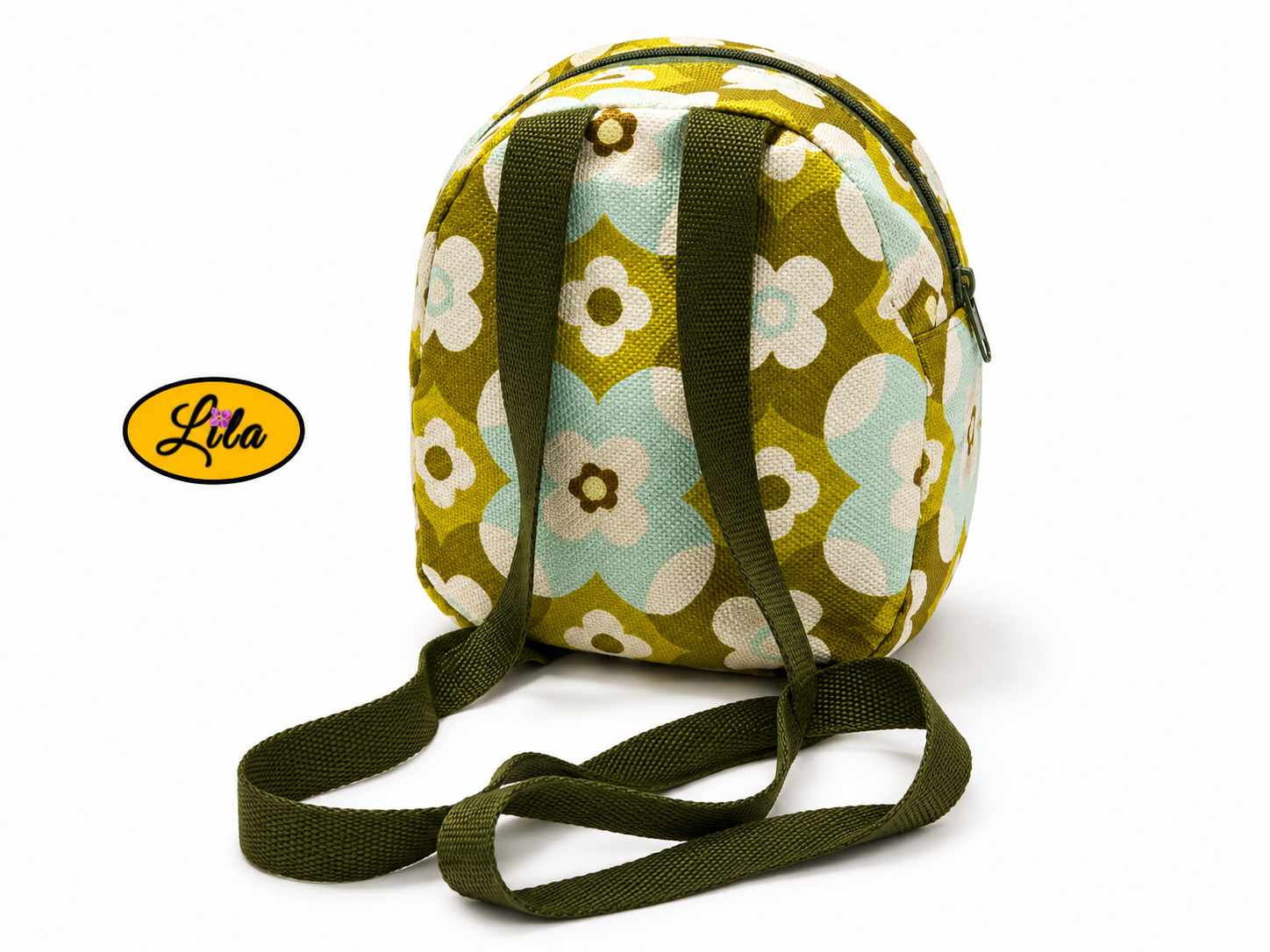 Mini sac à dos en tissu vintage vert fleuri avec sangle kaki vue de dos sur fond blanc 
